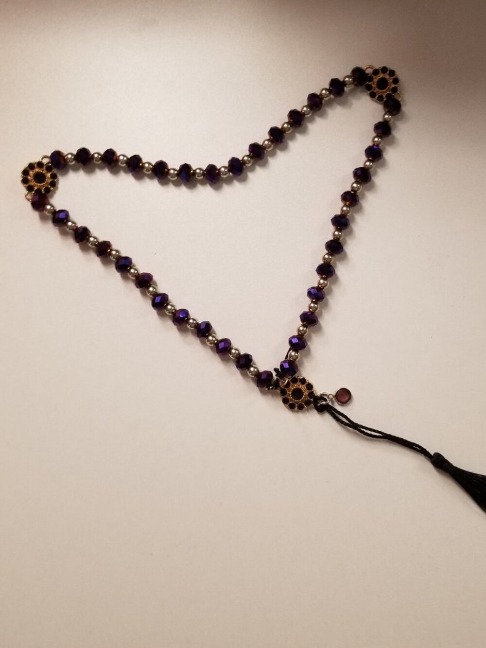 Purple-Beaded Gothic-Style Chocker-Necklace with Black Tassel